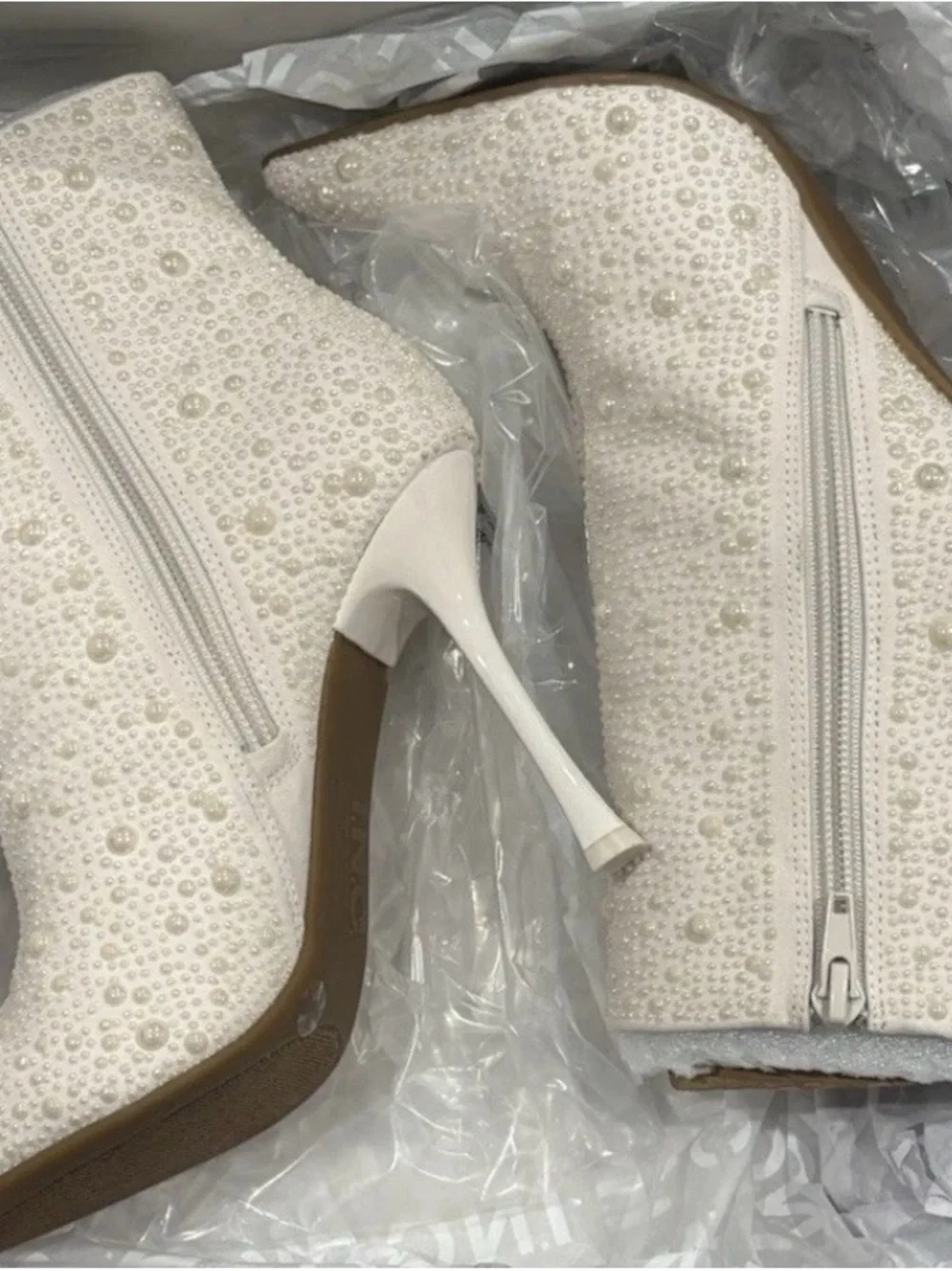 Pearl-Embellished Ivory Ankle Boots - Women's Fashion Booties